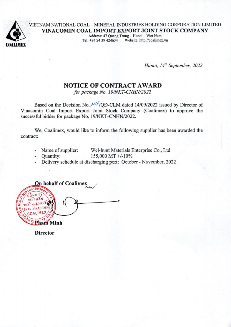 NOTICE OF CONTRACT AWARD FOR THE PACKAGE No.19/NKT-CNHN/2022