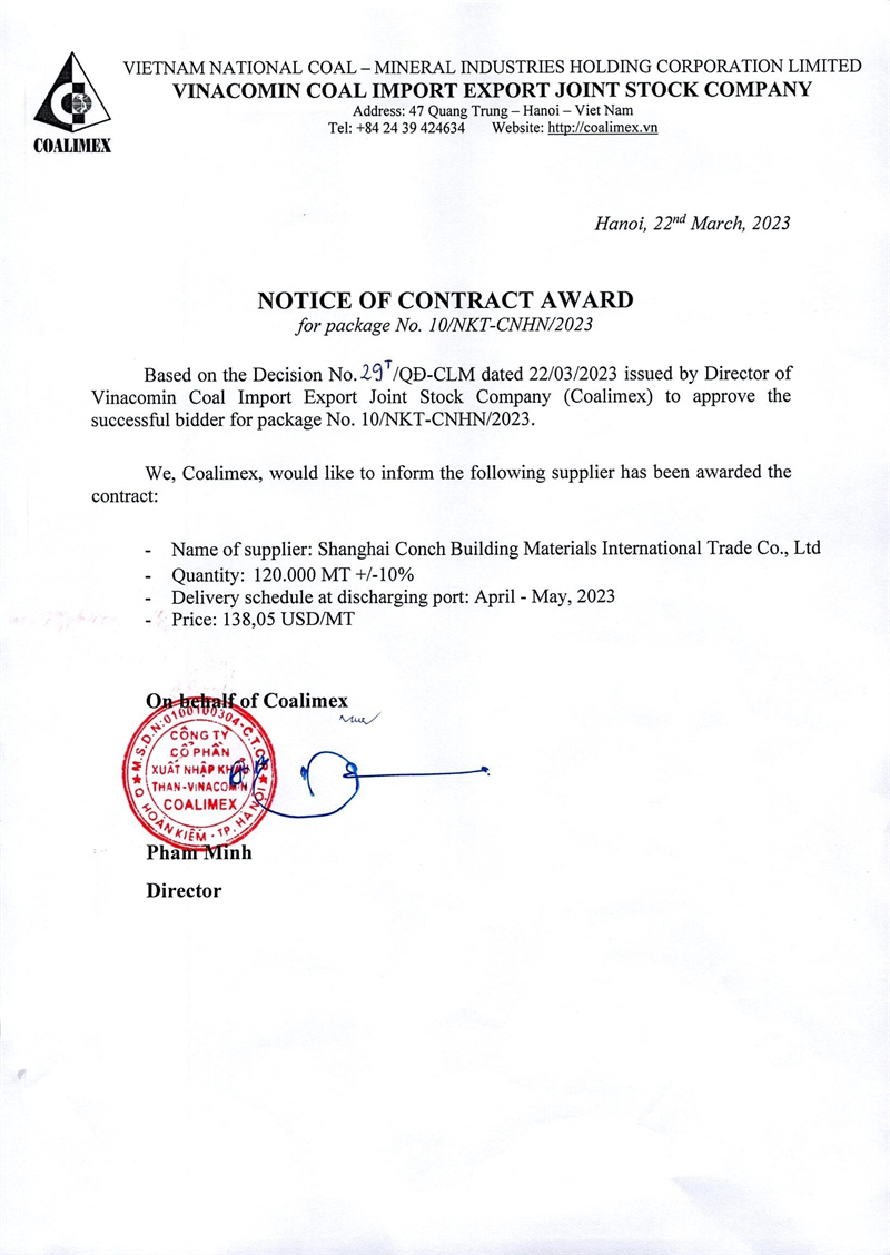 Notice of contract award for package No. 10/NKT-CNHN/2023