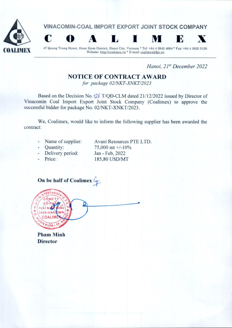 NOTICE OF CONTRACT AWARD FOR THE PACKAGE No.02/NKT-XNKT/2023
