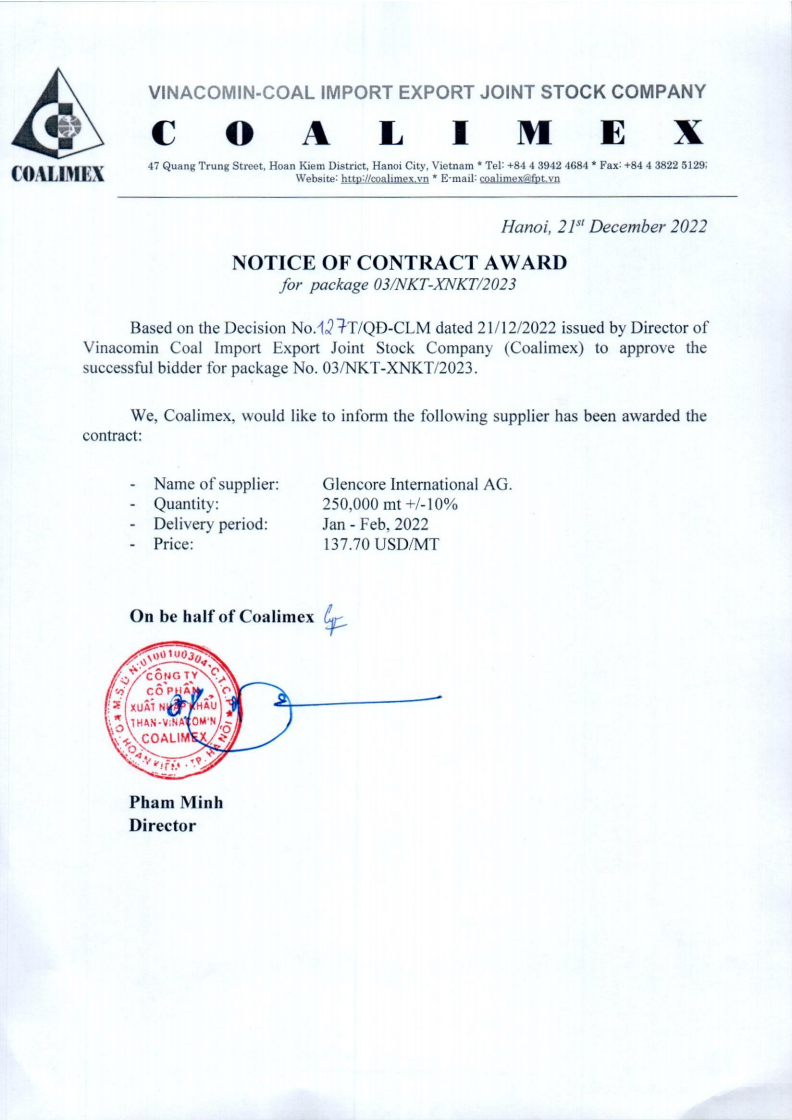 NOTICE OF CONTRACT AWARD FOR THE PACKAGE No.03/NKT-XNKT/2023