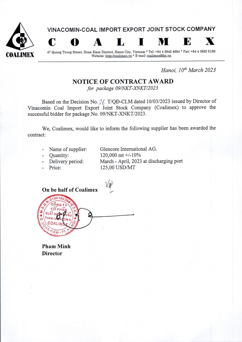 NOTICE OF CONTRACT AWARD FOR THE PACKAGE No.09/NKT-XNKT/2023