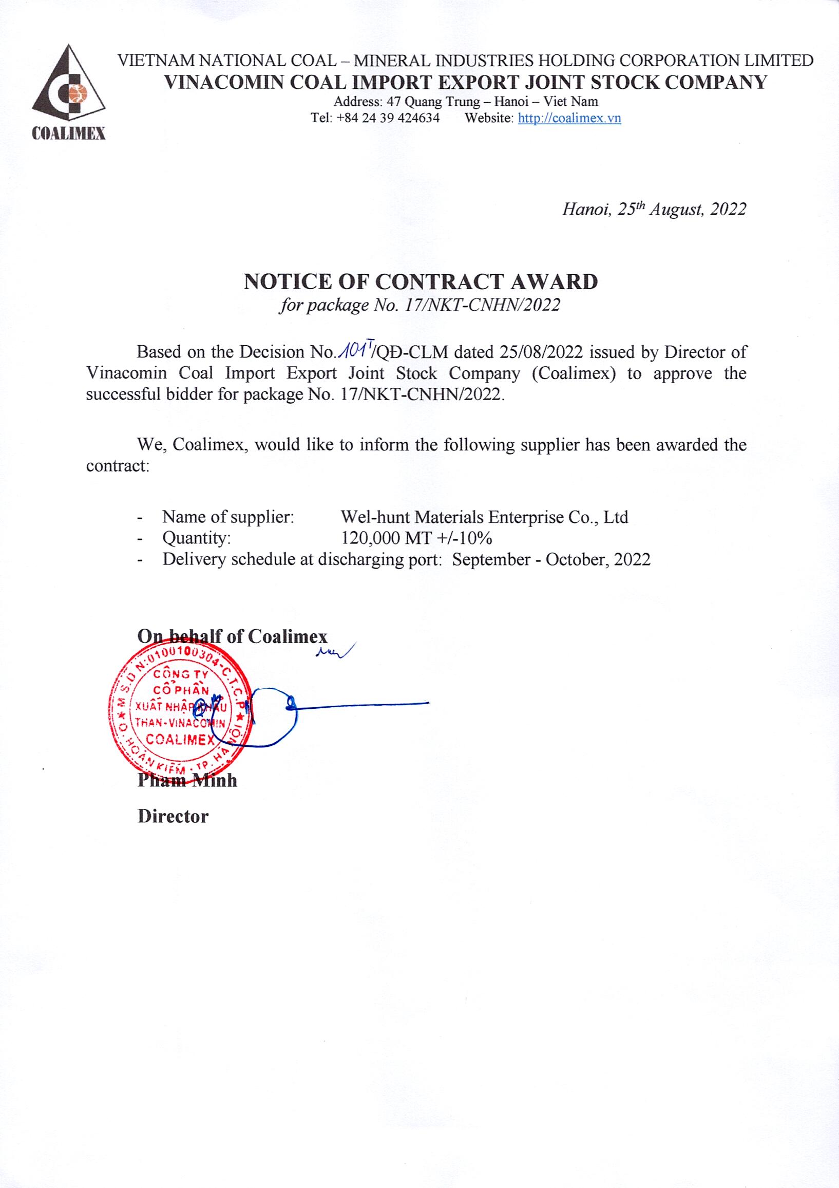 NOTICE OF CONTRACT AWARD FOR PACKAGE No.17/NKT-CNHN/2022
