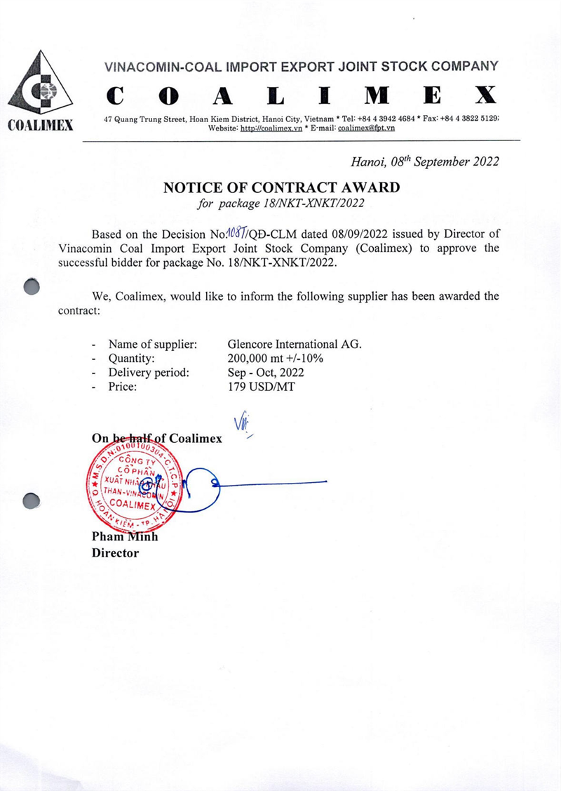 Notice of contract award for Package No.18/NKT-XNKT/2022