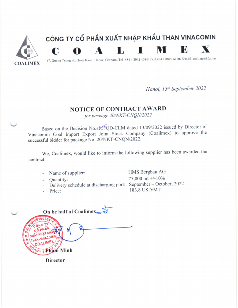 NOTICE OF CONTRACT AWARD FOR THE PACKAGE No.20/NKT-CNQN/2022