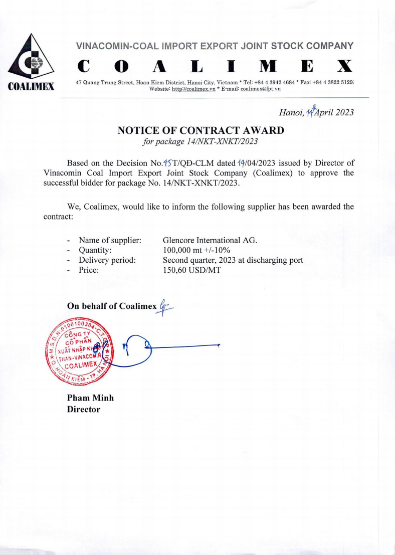 NOTICE OF CONTRACT AWARD FOR THE PACKAGE No.14/NKT-XNKT/2023