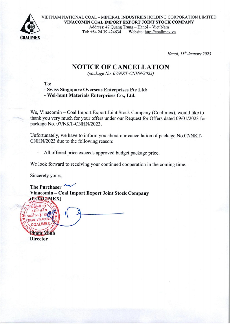 Notice of cancellation for the package no.07/NKT-CNHN/2023